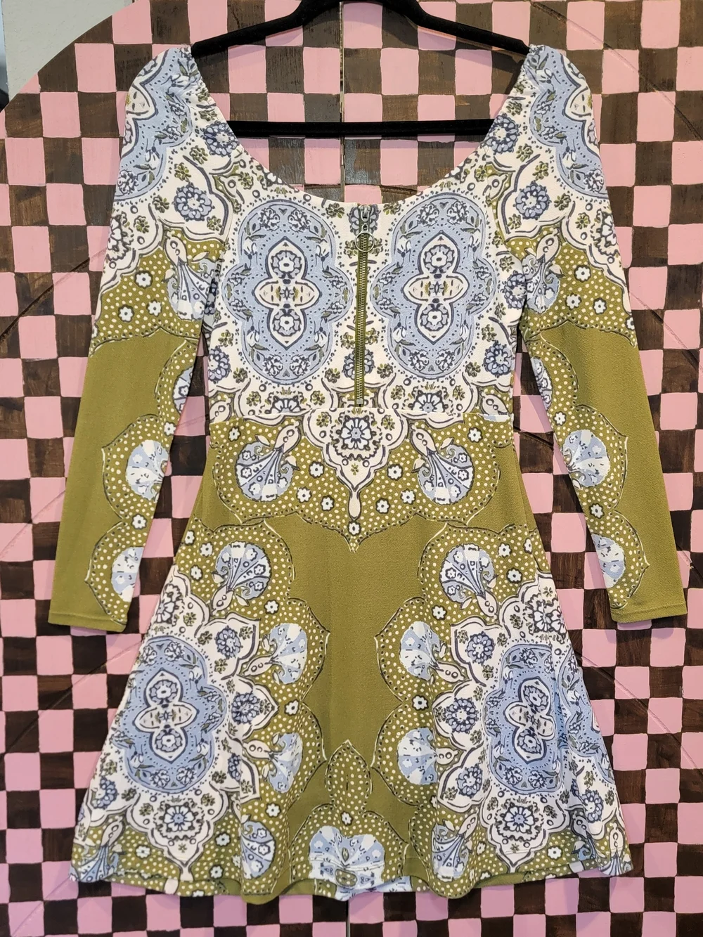 Free People Olive Green Paisley Mini Dress